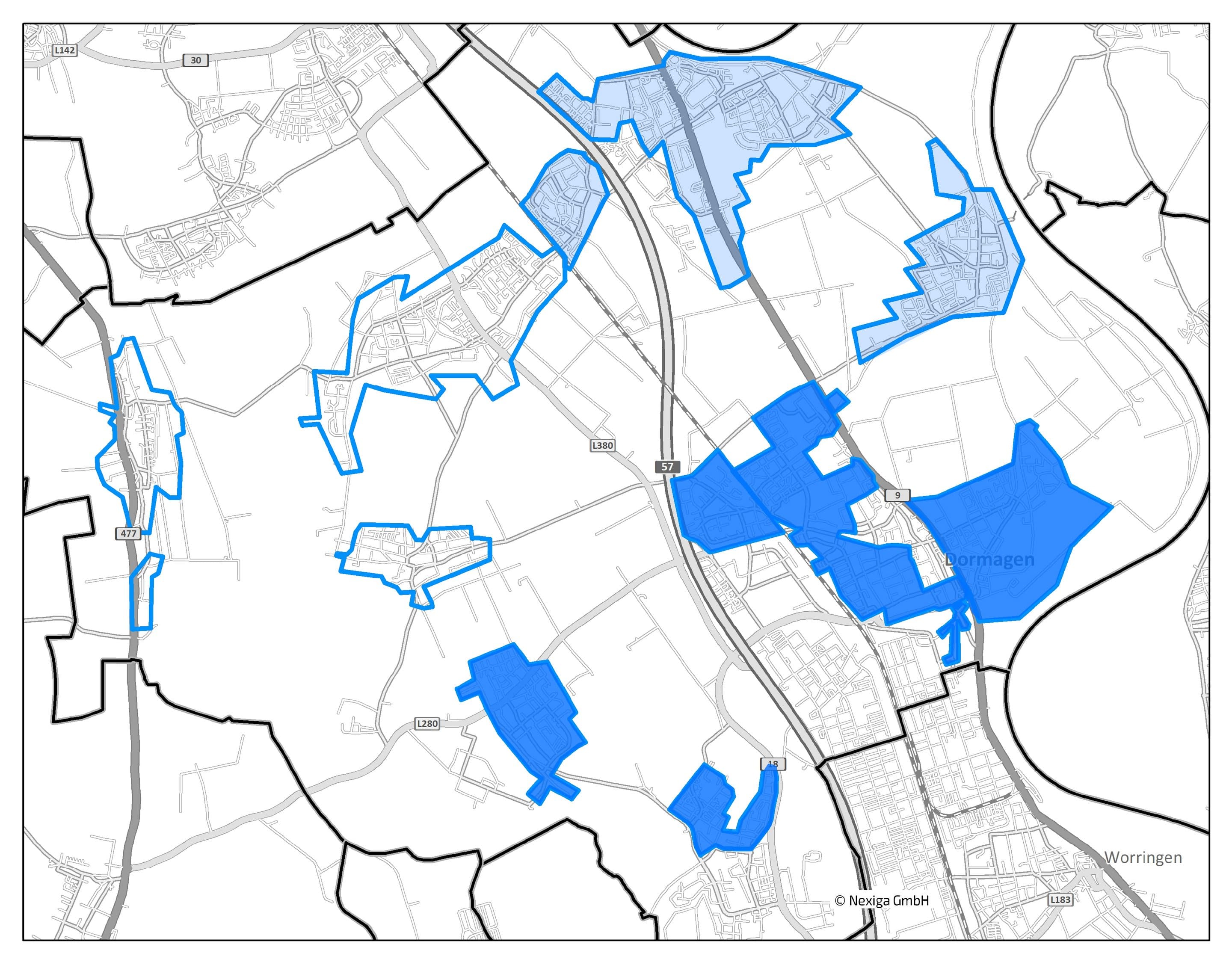 Ausbaugebiete in Dormagen – Übersichtskarte Karte von Dormagen mit Hervorhebung der Glasfaser-Ausbaugebiete in blau.