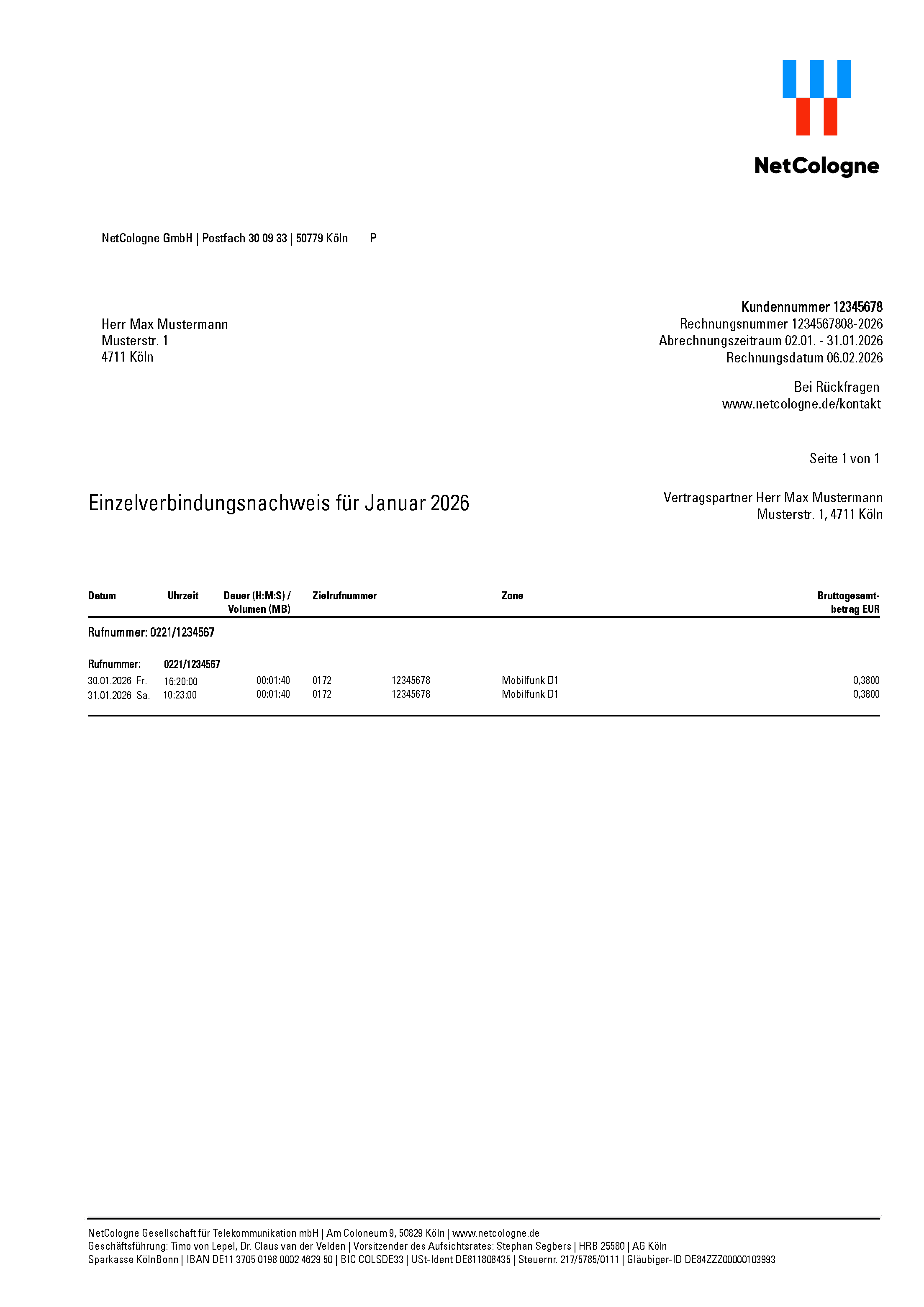 NetCologne Einzelverbindungsnachweis