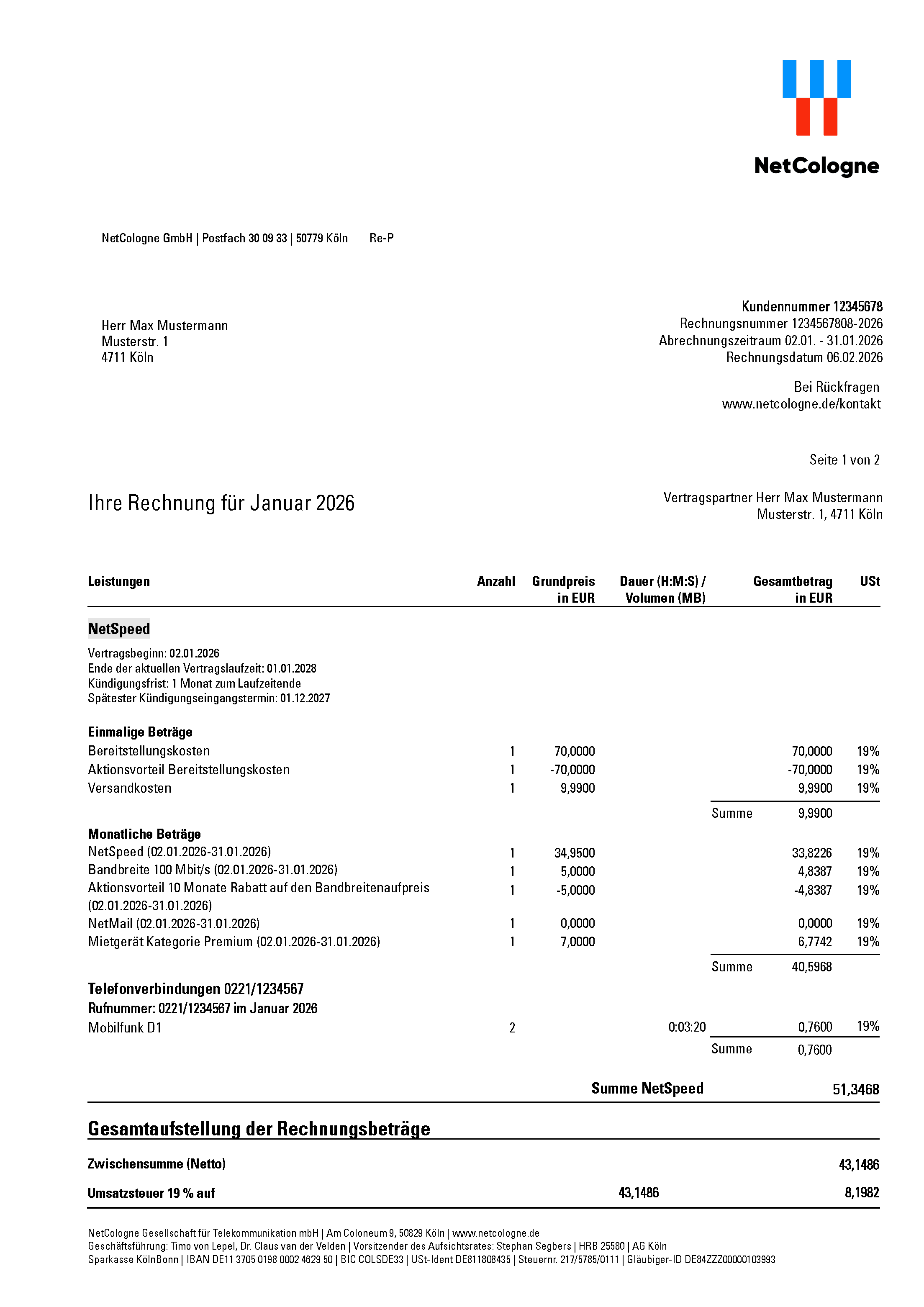 NetCologne Musterrechnung Seite 1