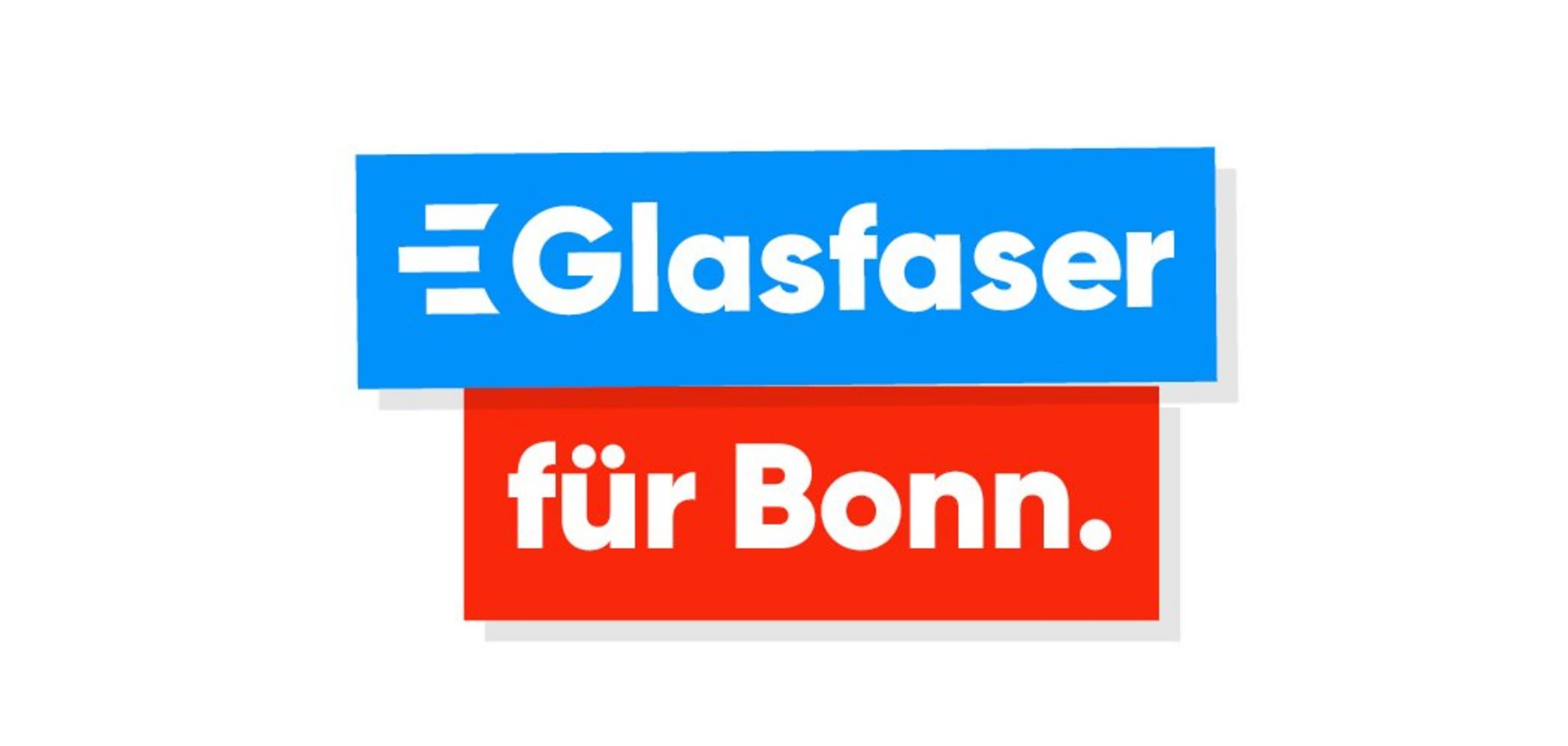 Werbebanner mit dem Text: 'Glasfaser für Bonn.' auf blauem und rotem Hintergrund.