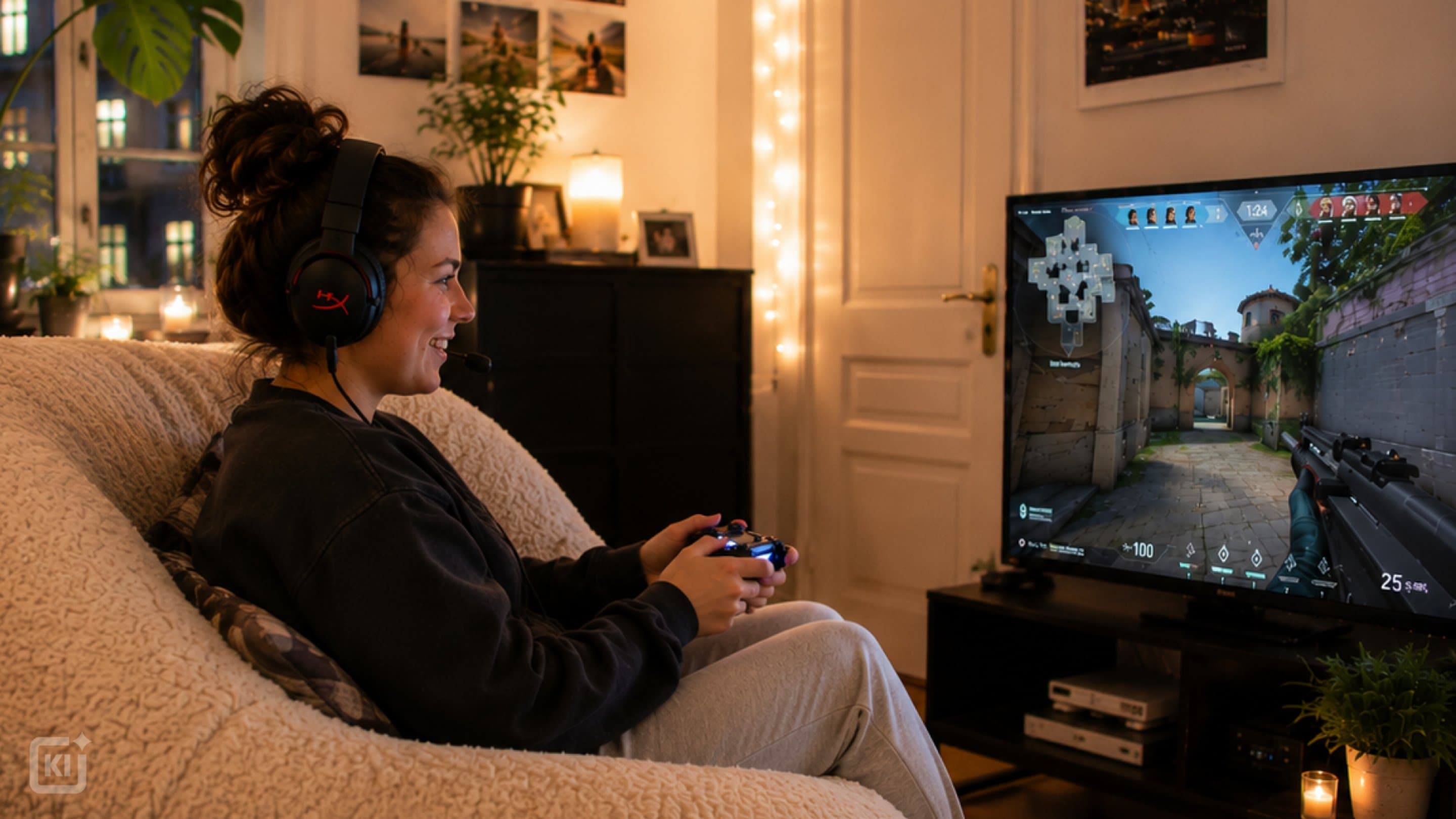 KI-generiertes Bild einer Person mit Headset und Controller beim Gaming im Wohnzimmer vor einem Bildschirm