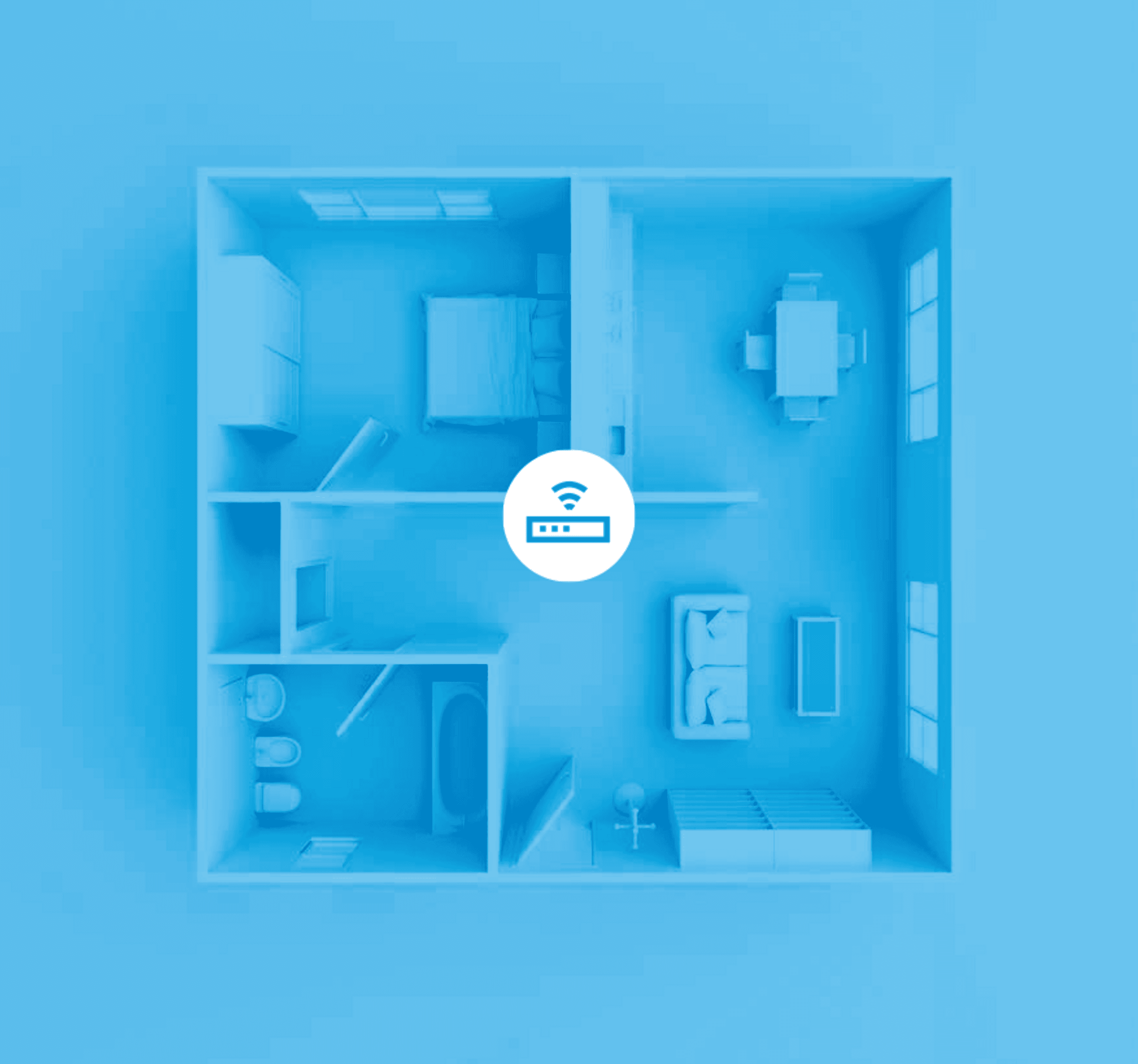 Grafischer Grundriss einer Wohnung, auf dem ein blauer Filter und ein WLAN-Icon liegt.