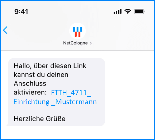 Link zur Aktivierung des Anschlusses per SMS SMS von NetCologne mit Link zum Einrichtungsassistenten für die Aktivierung des Anschlusses