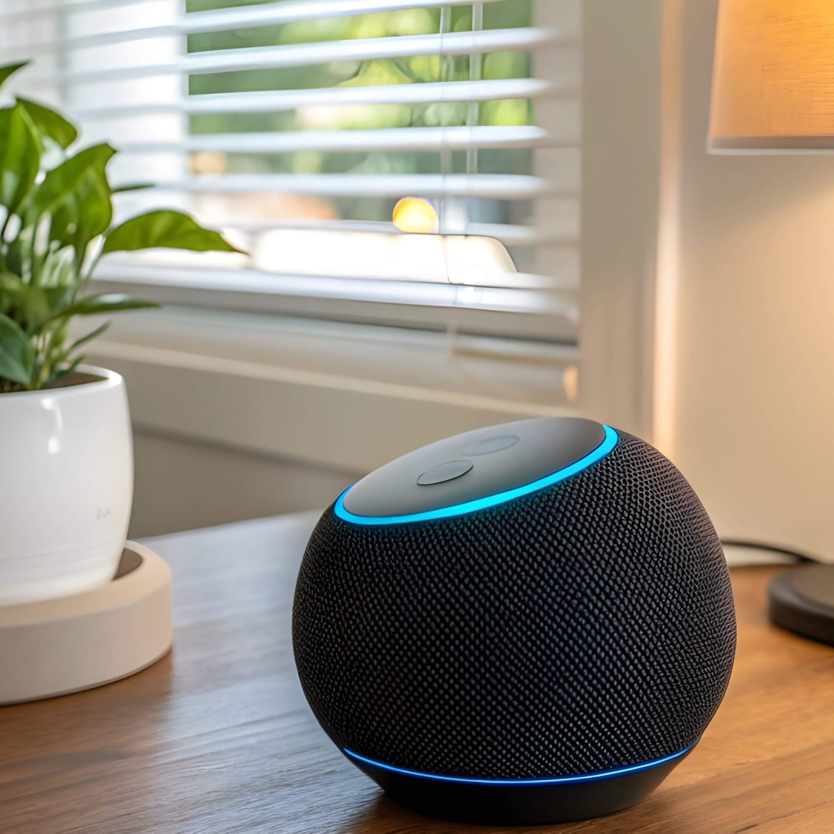 Smarter Sprachassistent auf einem Holztisch neben einer Zimmerpflanze und einer Lampe in einem vernetzten Zuhause mit Sprachsteuerung.