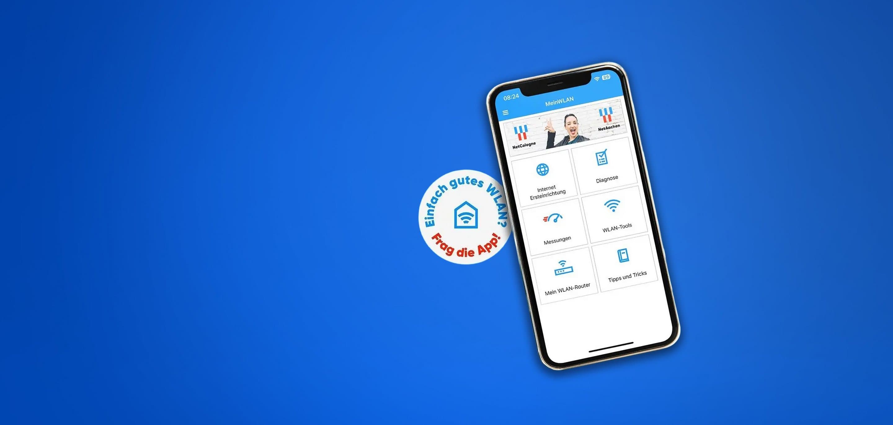 MeinWLAN App Optimierung und Verwaltung vom eigenen WLAN Smartphone mit der WLAN-App mit weißem Werbestörer Einfach gutes WLAN? Frag die App
