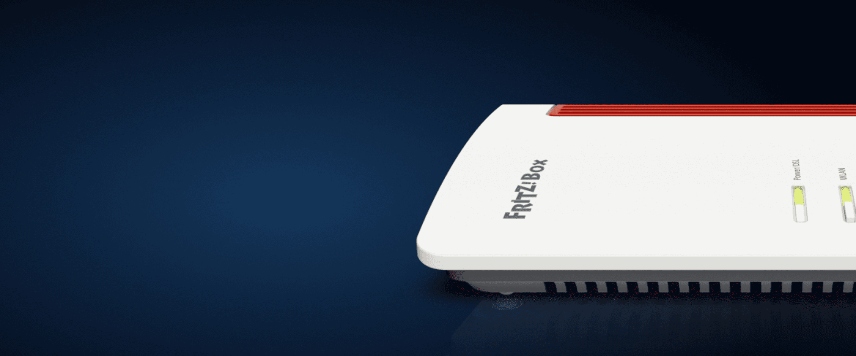 Verfügbarkeit prüfen Dunkelblauer Hintergrund auf der eine FRITZ!Box abgebildet ist