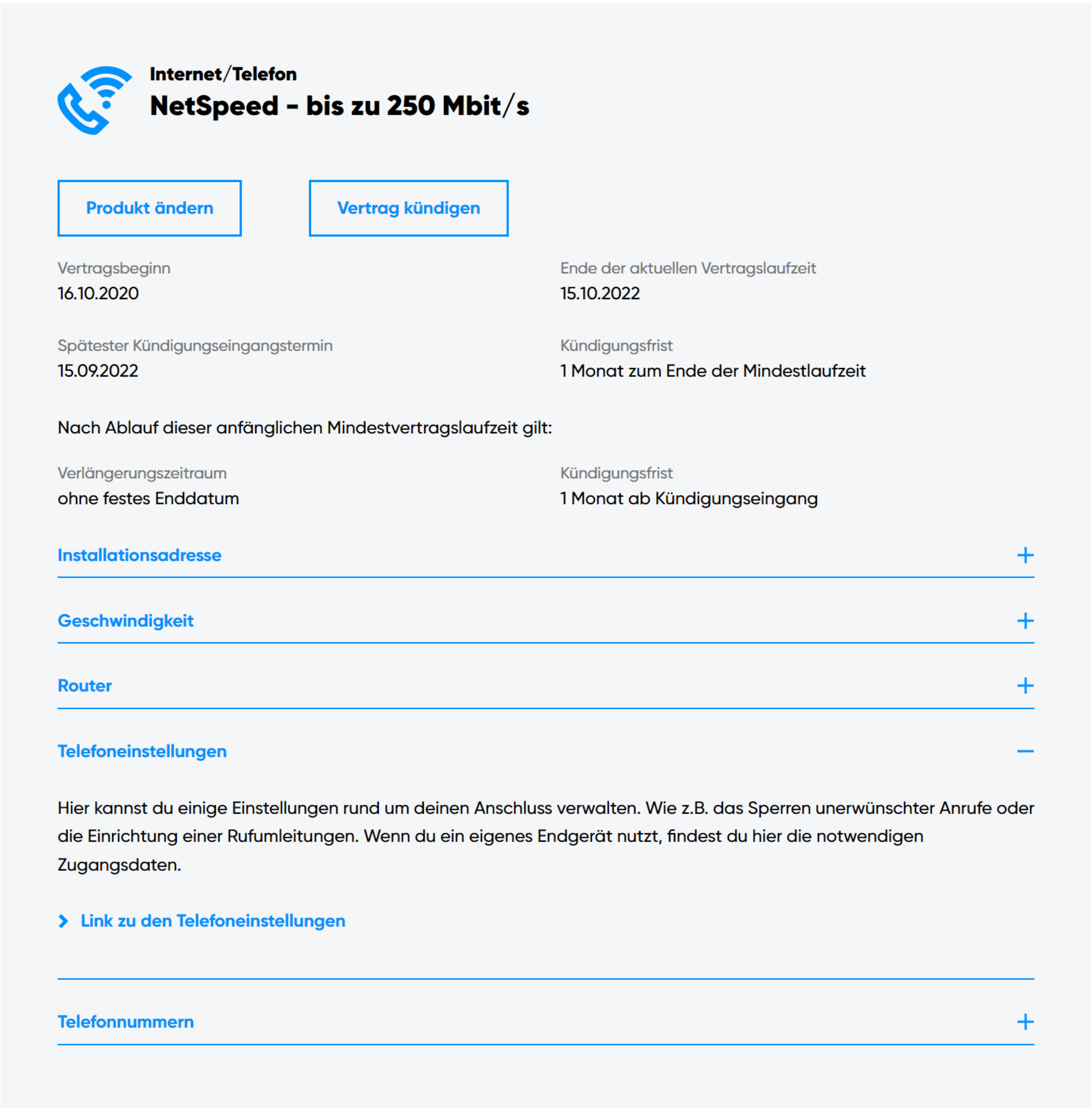 Abbildung Bereich "Meine Produkte" in "MeineKundenwelt".