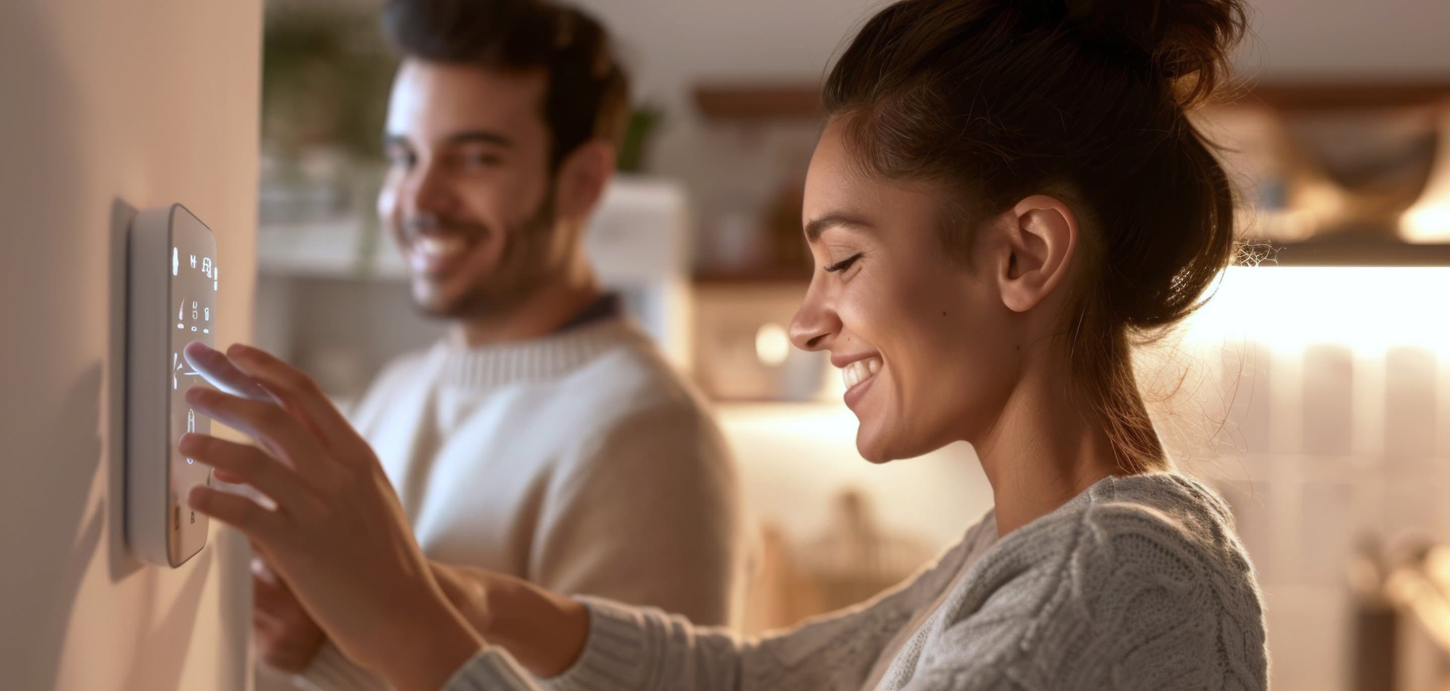Person steuert per Touchdisplay intelligente Smart-Home-Funktionen wie Heizung, Beleuchtung oder Sicherheitssysteme im Alltag.
