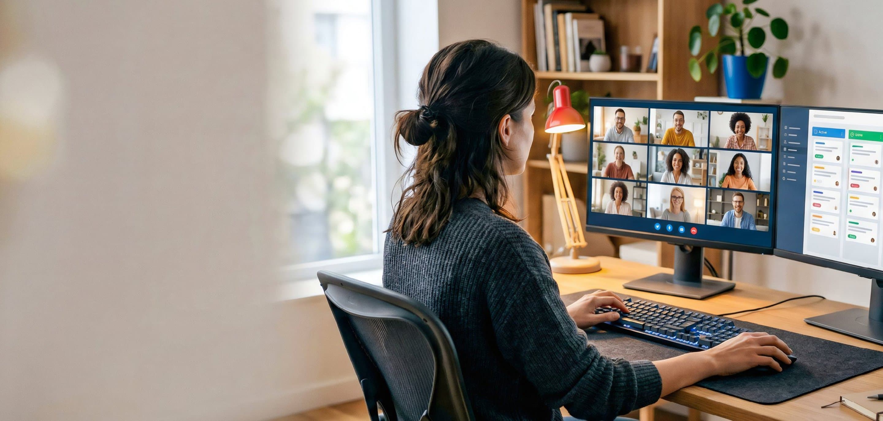 Person arbeitet am Laptop im Homeoffice vor mehreren Monitoren mit Daten, Videocall und Anwendungen – modernes Arbeiten, Glasfaser-Internet und digitale Technologien im Homeoffice