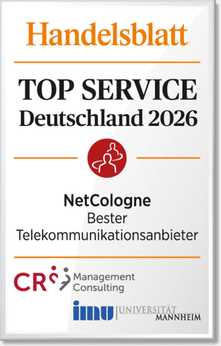 Auszeichnung vom Handelsblatt Top Service Deutschland 2026 NetCologne als bester Telekommunikationsanbieter