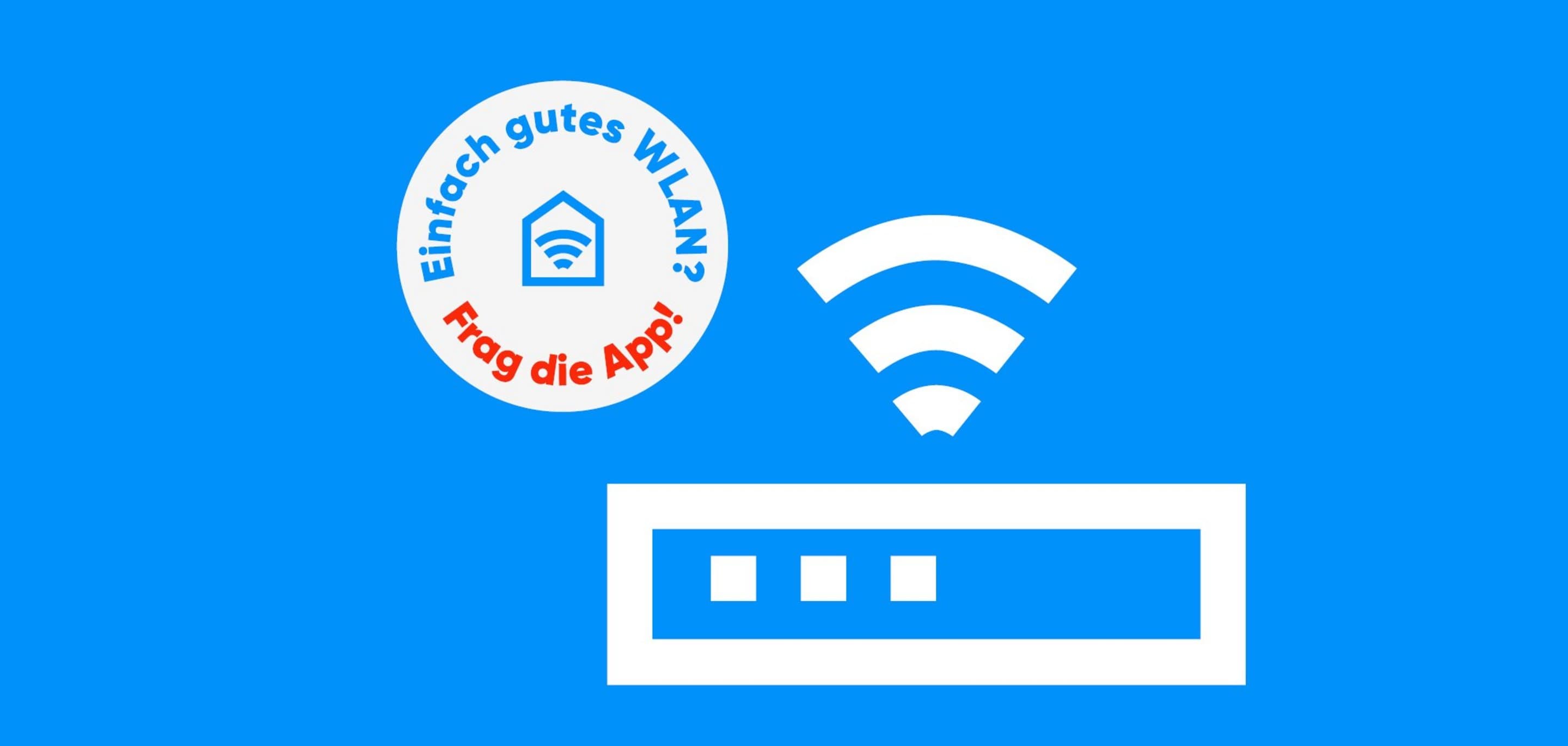 WLAN-Hilfe WLAN-Icon über dem eine Bubble mit dem Text "Einfach gutes WLAN? Frag die App" steht