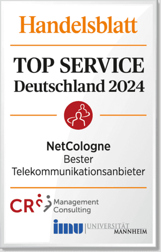 Auszeichnung vom Handelsblatt Top Service Deutschland 2024 NetCologne als bester Telekommunikationsanbieter Auszeichnung vom Handelsblatt Top Service Deutschland 2024 NetCologne als bester Telekommunikationsanbieter