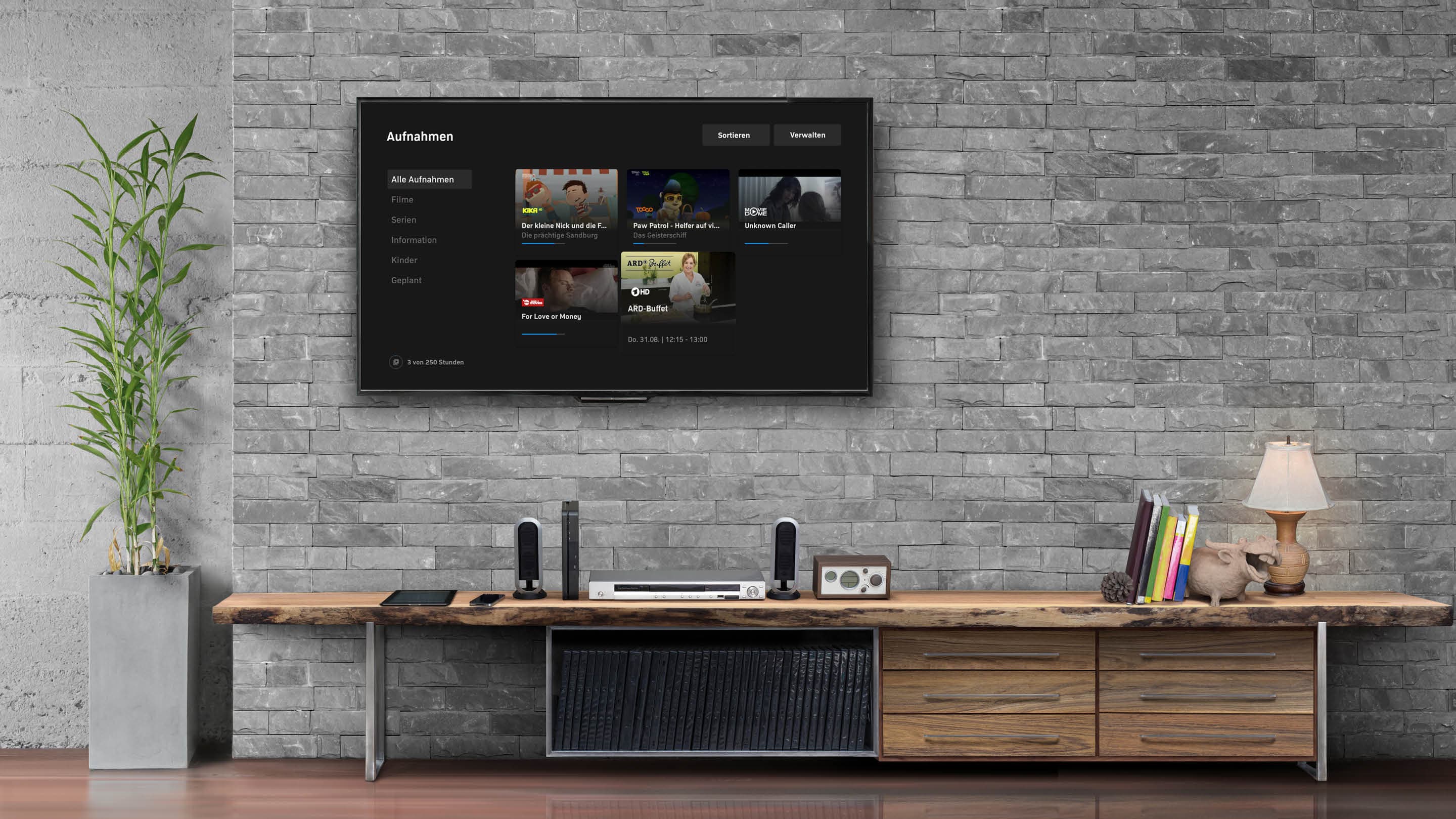 Lieblingssendungen aufzeichnen mit NetTV über Internet Fernseher an der Wand hängend auf dem zuvor aufgenommene Sendungen zu sehen sind