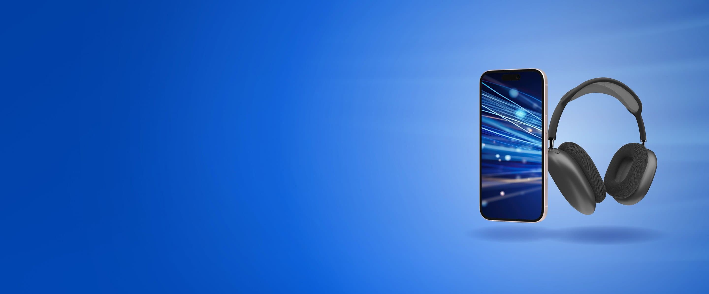 iPhone sowie AirPods Max auf blauem Hintergrund