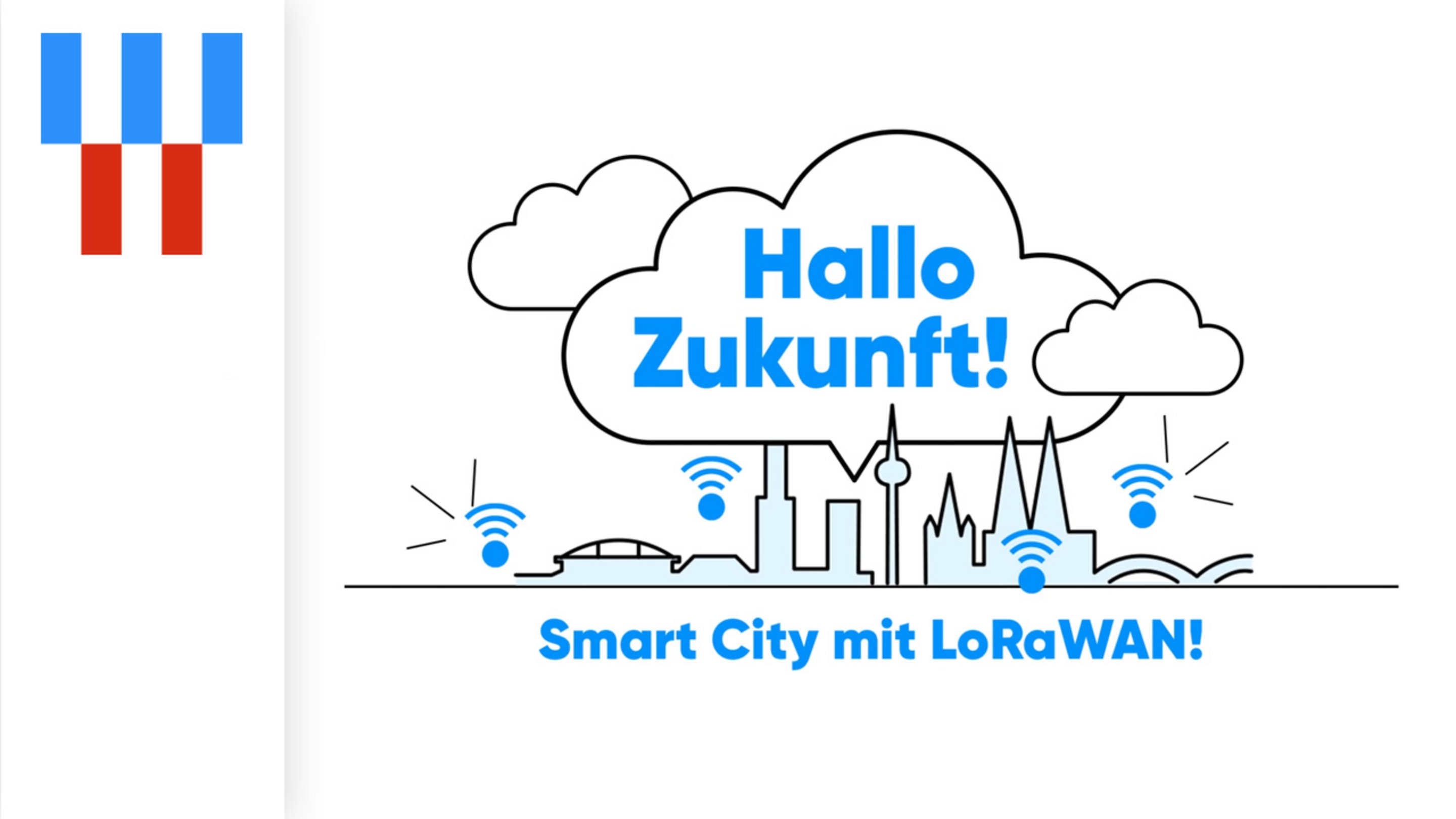 Grafik mit dem Stadtbild von Köln und einer Wolke, in der "Hall Zukunft steht"